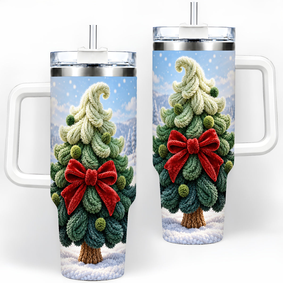 Knitted Christmas Tree Handled Tumbler, 40oz Cozy Holiday Design