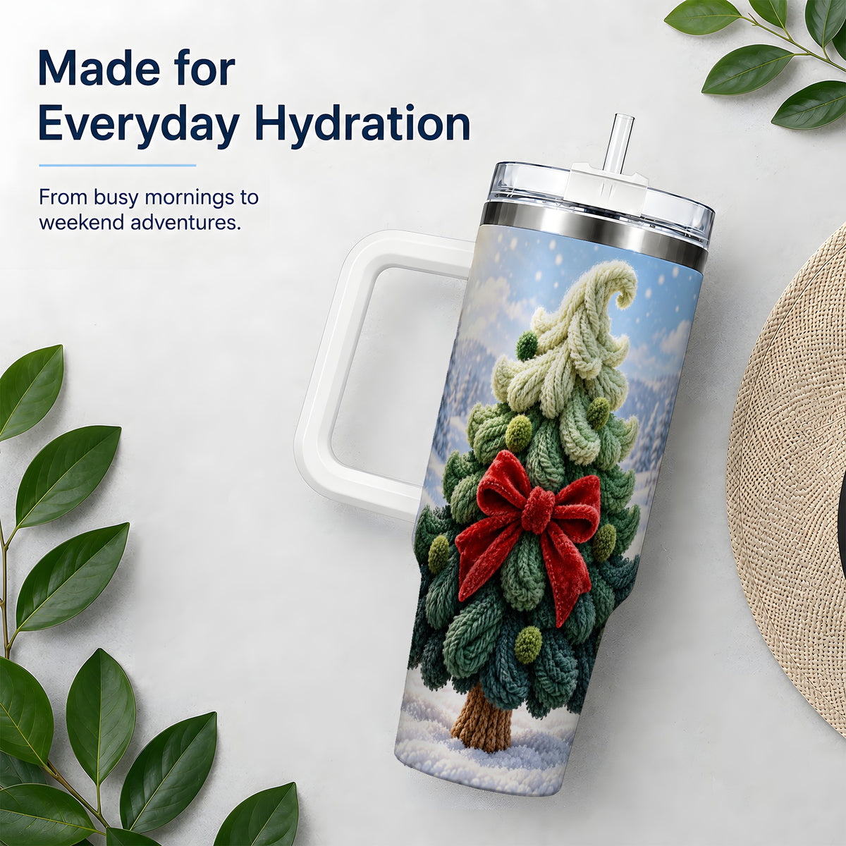 Knitted Christmas Tree Handled Tumbler, 40oz Cozy Holiday Design