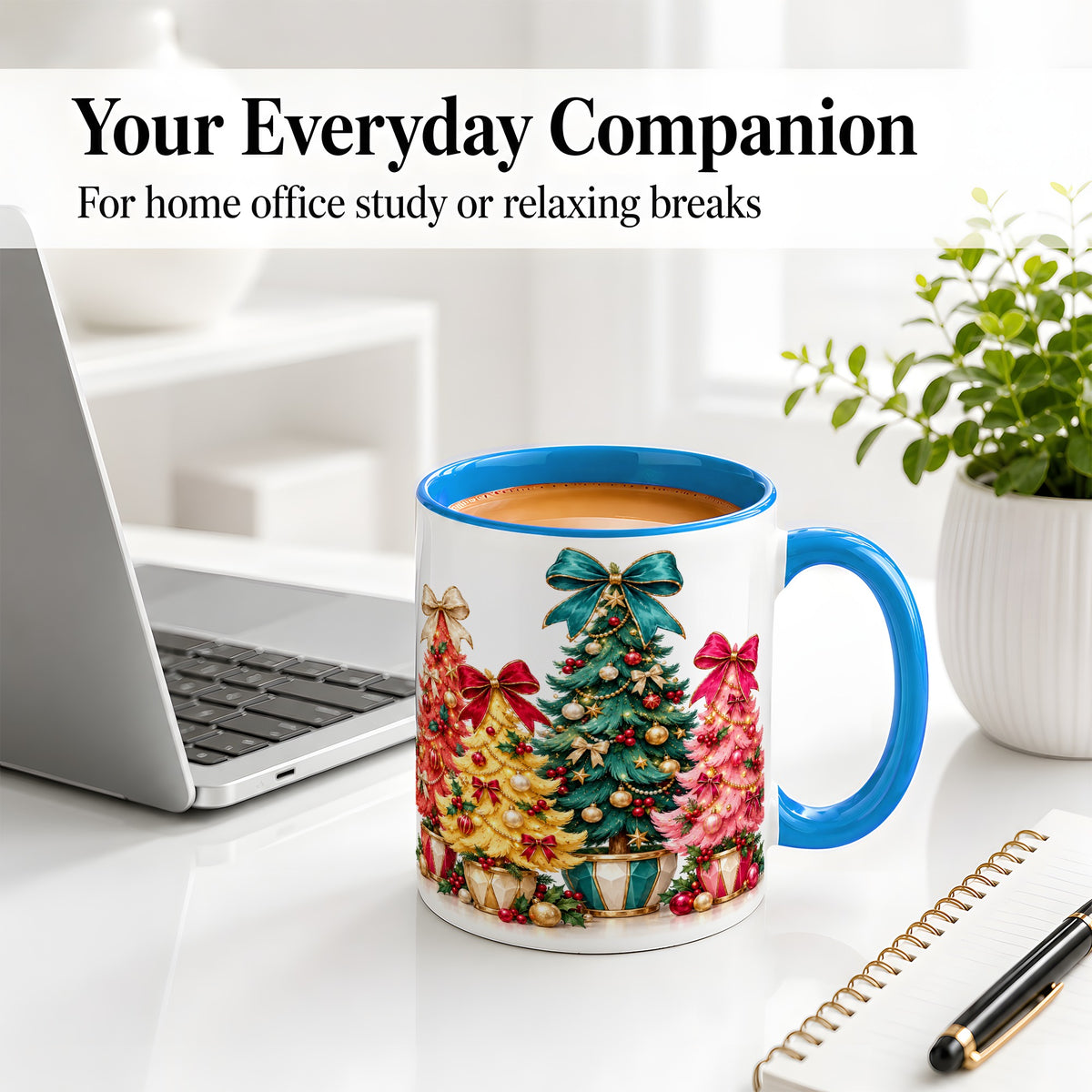 #pl[11oz|Blue] Colorful Christmas Trees Accent Mug, Ceramic Cup with Bow Artwork