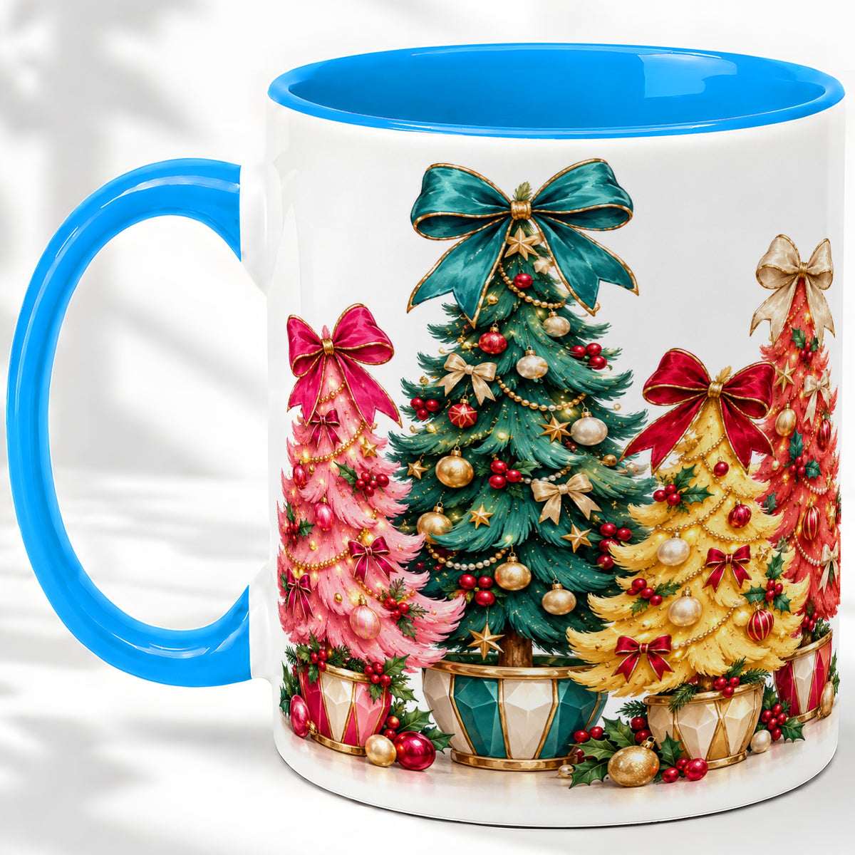 #pl[11oz|Blue] Colorful Christmas Trees Accent Mug, Ceramic Cup with Bow Artwork
