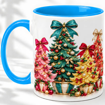 #pl[11oz|Blue] Colorful Christmas Trees Accent Mug, Ceramic Cup with Bow Artwork