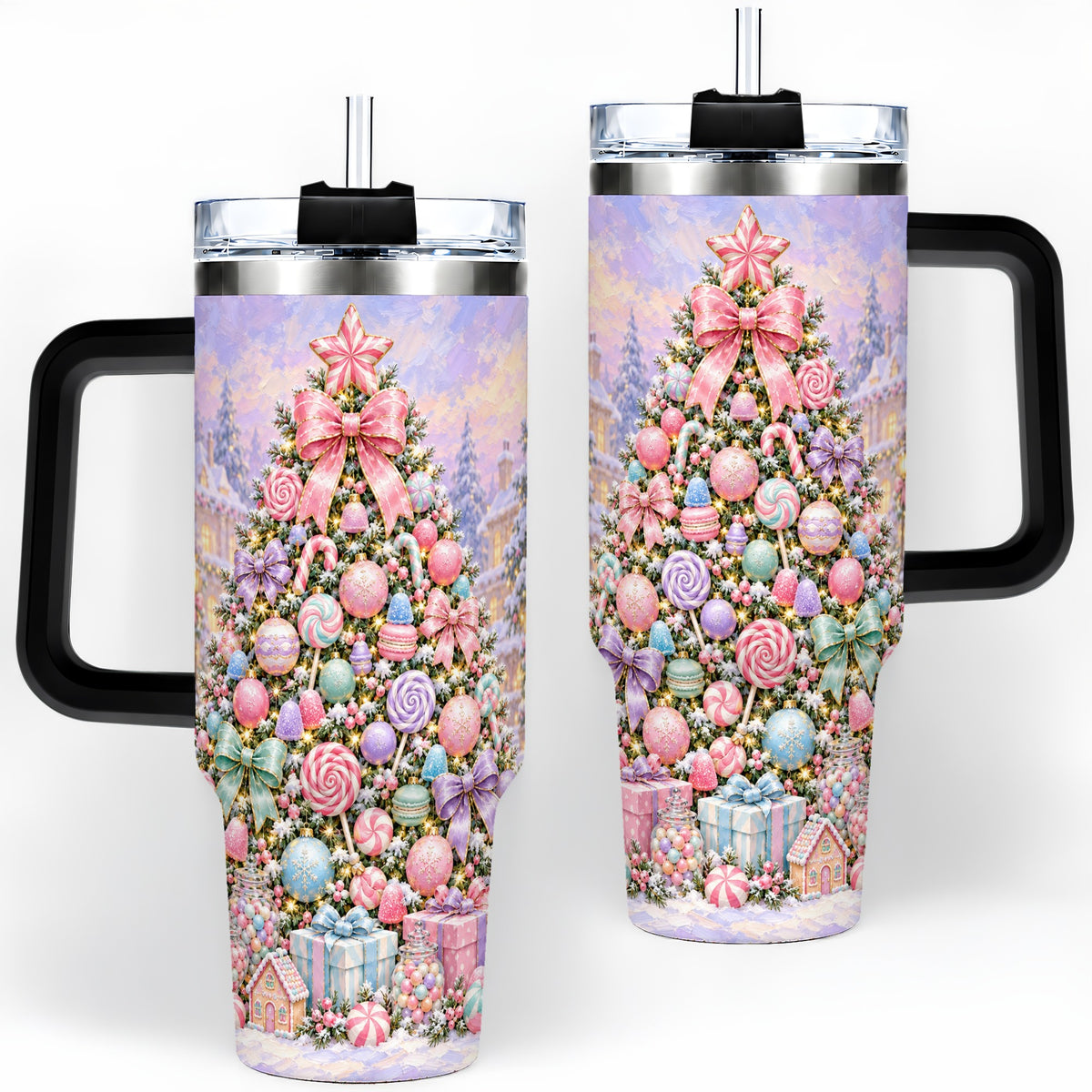 #pl[40oz|Black] Candy Christmas Tree Handled Tumbler, 40oz Pastel Holiday Drinkware