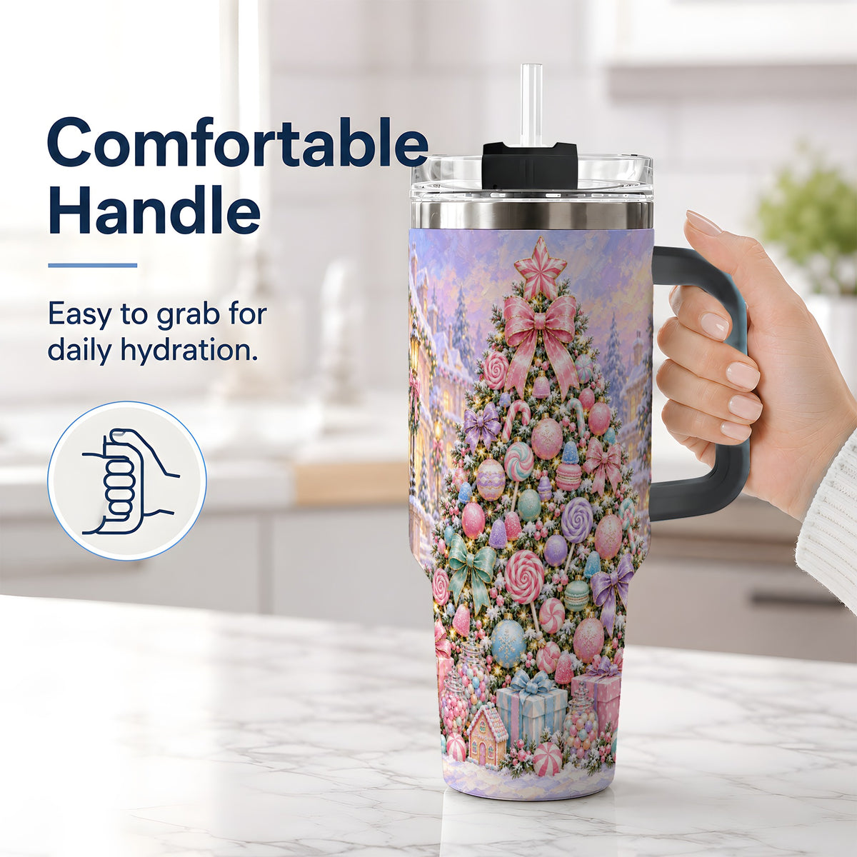 #pl[40oz|Black] Candy Christmas Tree Handled Tumbler, 40oz Pastel Holiday Drinkware