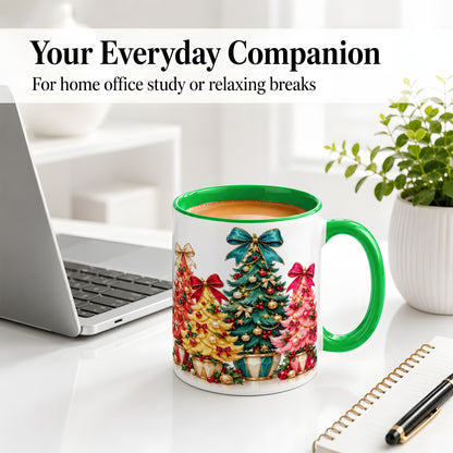 #pl[11oz|Green] Colorful Christmas Trees Accent Mug, Ceramic Cup with Bow Artwork