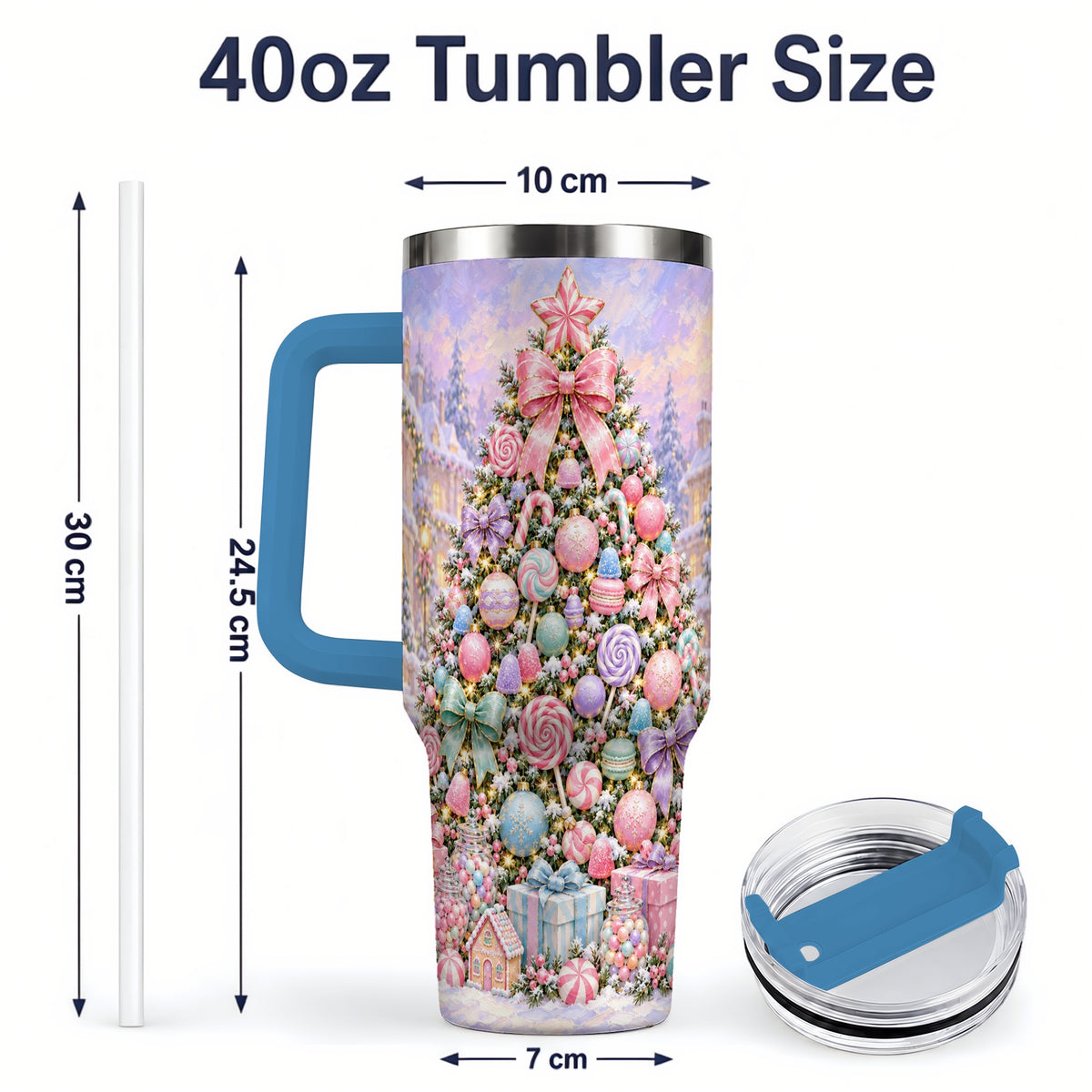 #pl[40oz|Blue] Candy Christmas Tree Handled Tumbler, 40oz Pastel Holiday Drinkware