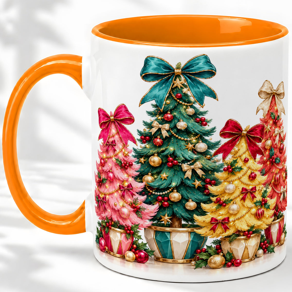 #pl[11oz|Orange] Colorful Christmas Trees Accent Mug, Ceramic Cup with Bow Artwork
