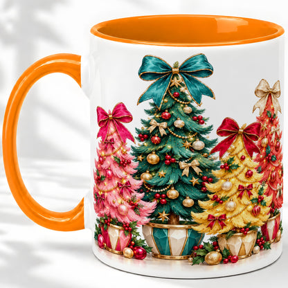 #pl[11oz|Orange] Colorful Christmas Trees Accent Mug, Ceramic Cup with Bow Artwork