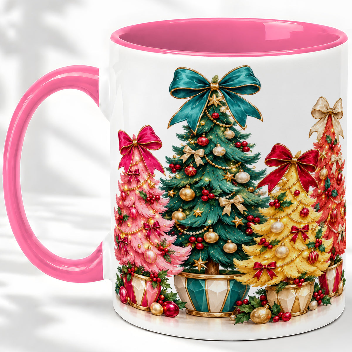 #pl[11oz|Pink] Colorful Christmas Trees Accent Mug, Ceramic Cup with Bow Artwork