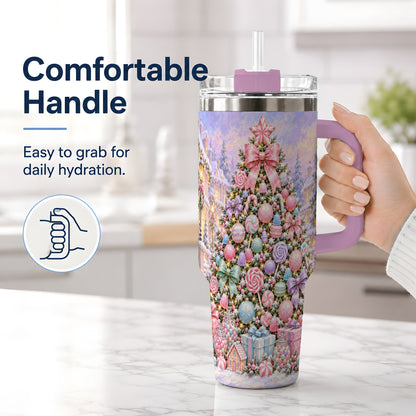 #pl[40oz|Pink] Candy Christmas Tree Handled Tumbler, 40oz Pastel Holiday Drinkware