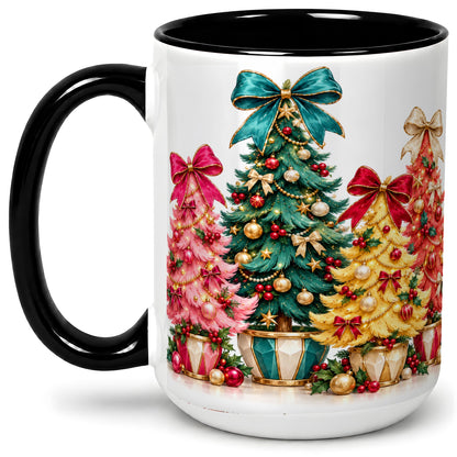 #pl[15oz|Black] Colorful Christmas Trees Accent Mug, Ceramic Cup with Bow Artwork
