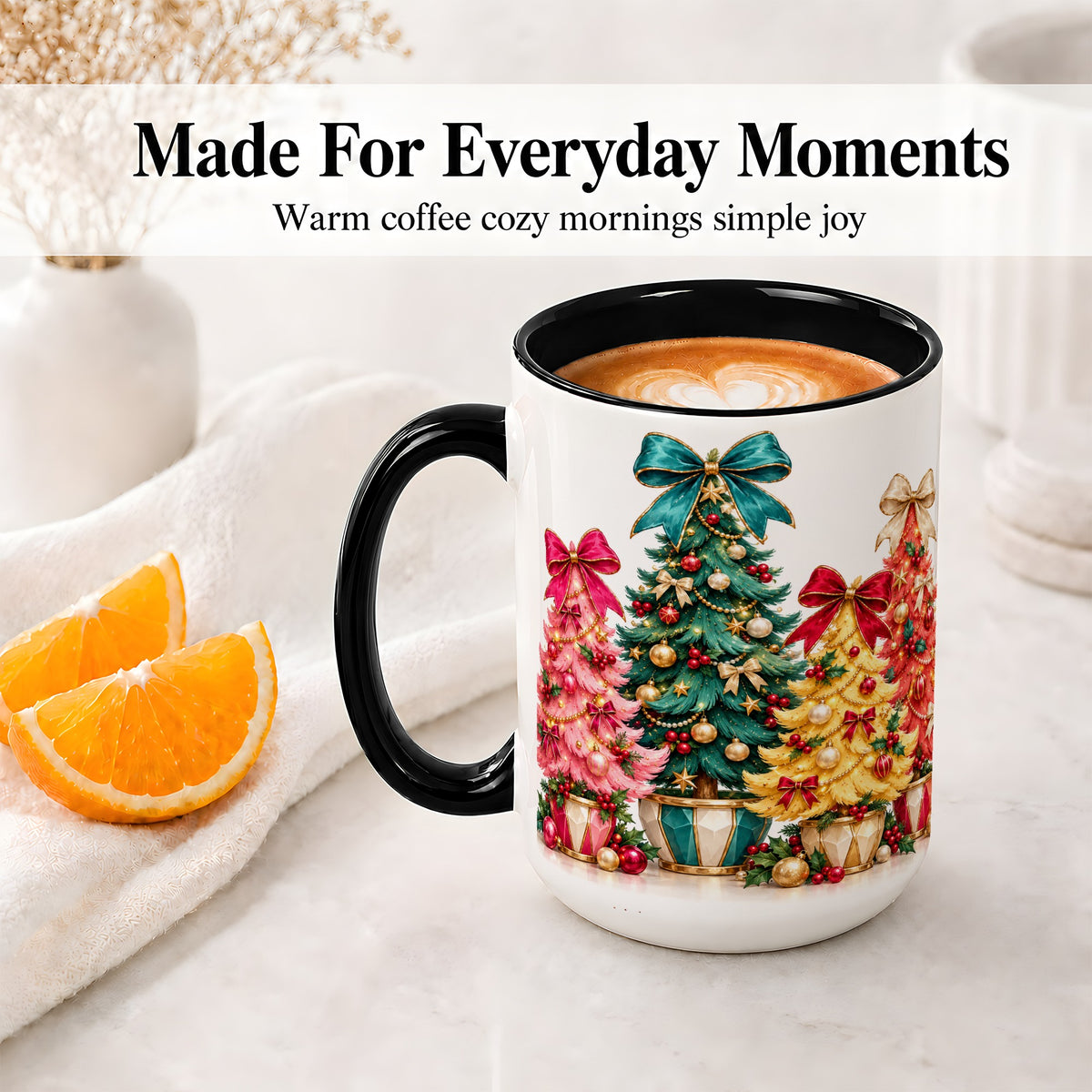 #pl[15oz|Black] Colorful Christmas Trees Accent Mug, Ceramic Cup with Bow Artwork