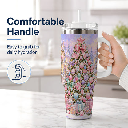 #pl[40oz|White] Candy Christmas Tree Handled Tumbler, 40oz Pastel Holiday Drinkware