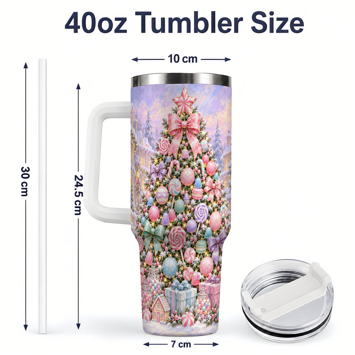 #pl[40oz|White] Candy Christmas Tree Handled Tumbler, 40oz Pastel Holiday Drinkware