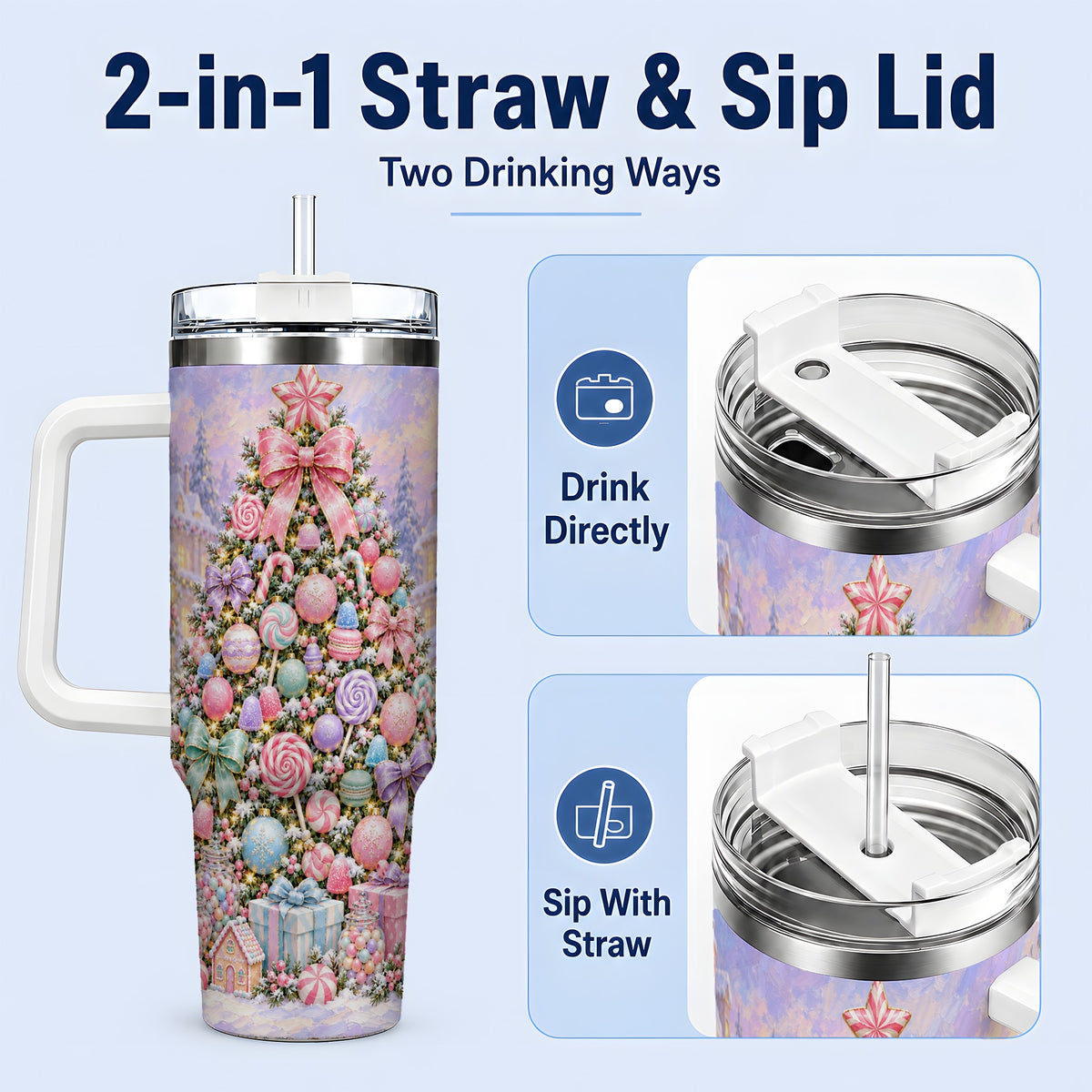 #pl[40oz|White] Candy Christmas Tree Handled Tumbler, 40oz Pastel Holiday Drinkware