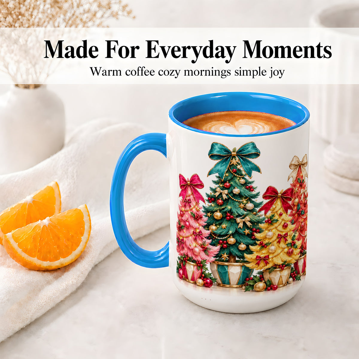 #pl[15oz|Blue] Colorful Christmas Trees Accent Mug, Ceramic Cup with Bow Artwork