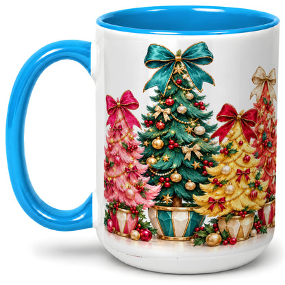 #pl[15oz|Blue] Colorful Christmas Trees Accent Mug, Ceramic Cup with Bow Artwork