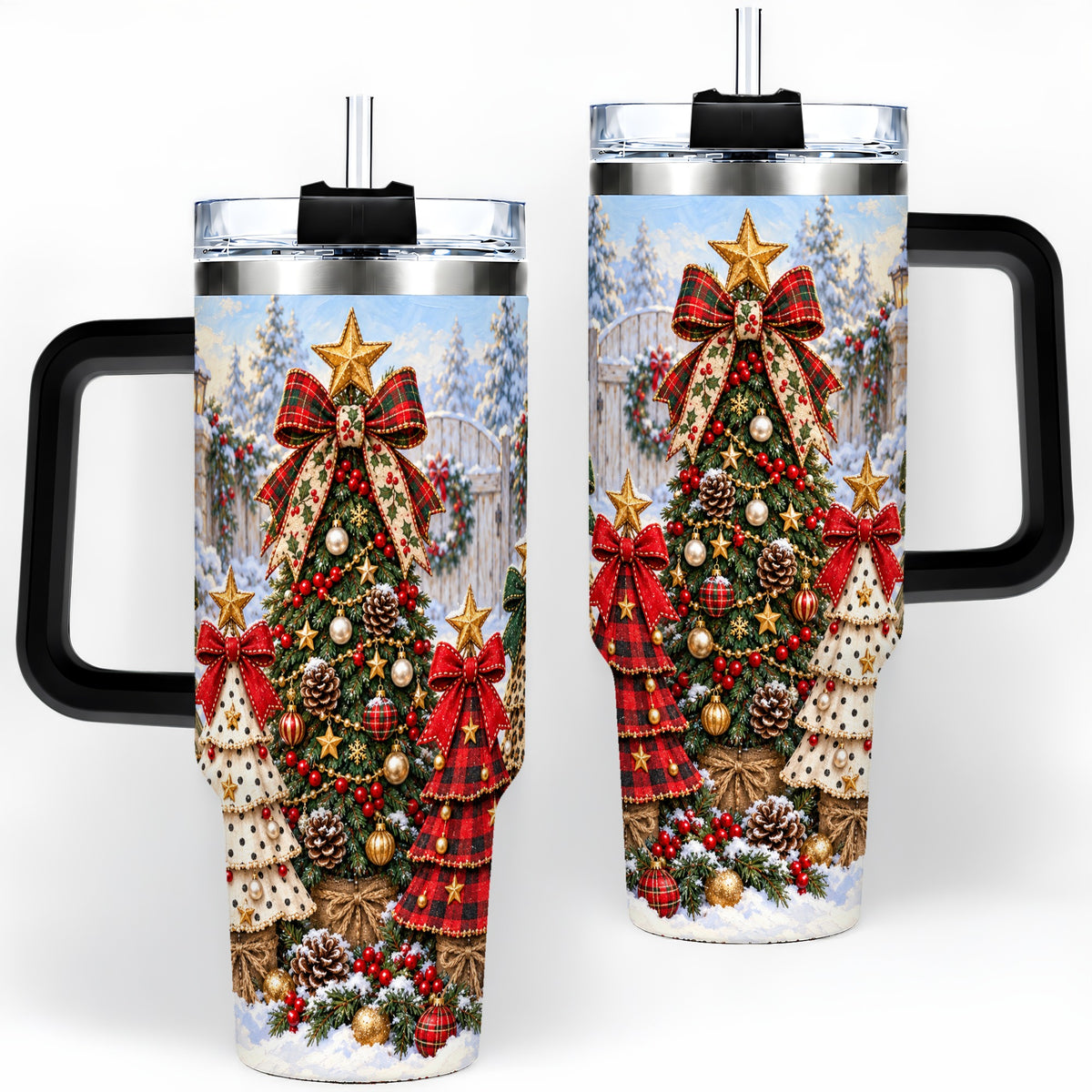 #pl[40oz|Black] Plaid Christmas Trees Handled Tumbler, 40oz Festive Winter Design