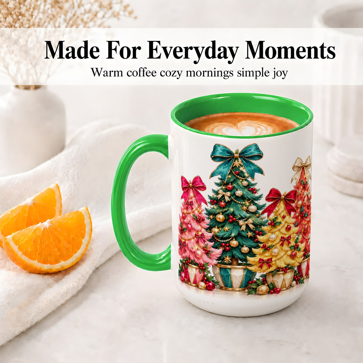 #pl[15oz|Green] Colorful Christmas Trees Accent Mug, Ceramic Cup with Bow Artwork