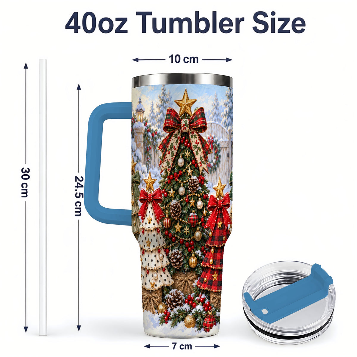 #pl[40oz|Blue] Plaid Christmas Trees Handled Tumbler, 40oz Festive Winter Design