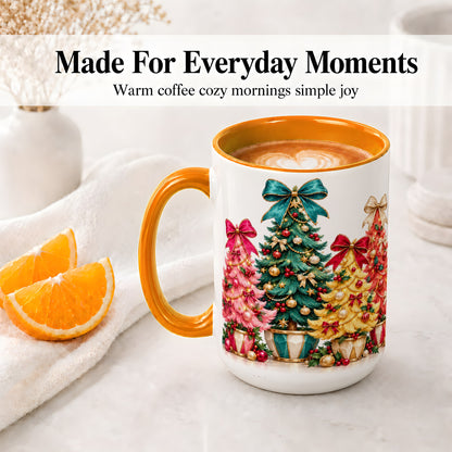 #pl[15oz|Orange] Colorful Christmas Trees Accent Mug, Ceramic Cup with Bow Artwork