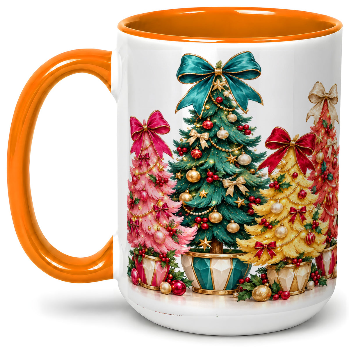 #pl[15oz|Orange] Colorful Christmas Trees Accent Mug, Ceramic Cup with Bow Artwork