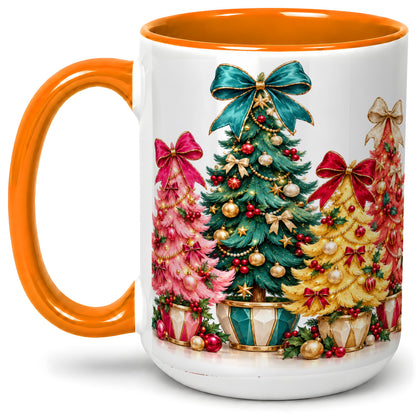 #pl[15oz|Orange] Colorful Christmas Trees Accent Mug, Ceramic Cup with Bow Artwork