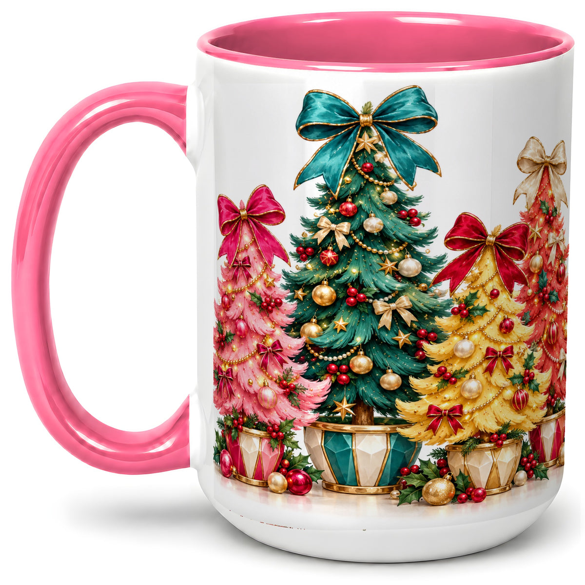 #pl[15oz|Pink] Colorful Christmas Trees Accent Mug, Ceramic Cup with Bow Artwork