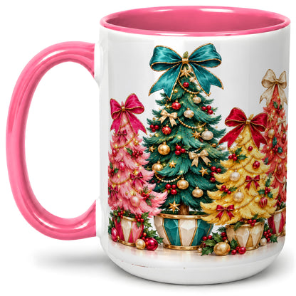 #pl[15oz|Pink] Colorful Christmas Trees Accent Mug, Ceramic Cup with Bow Artwork