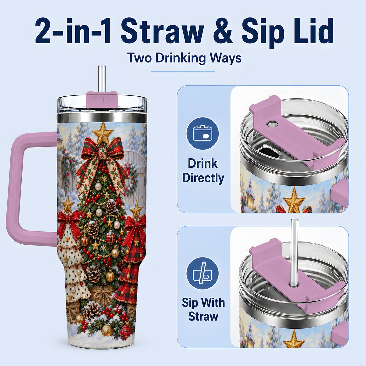 #pl[40oz|Pink] Plaid Christmas Trees Handled Tumbler, 40oz Festive Winter Design