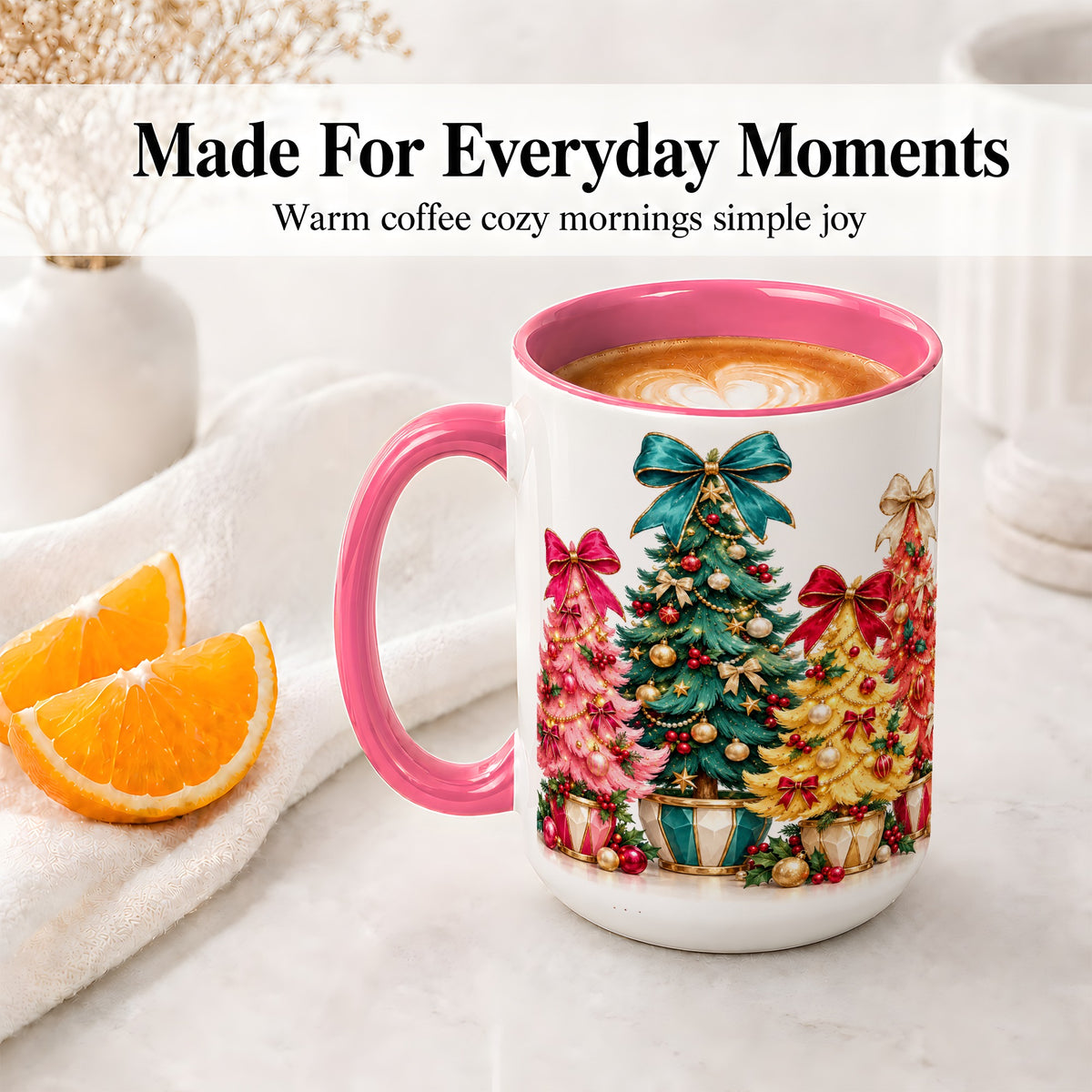 #pl[15oz|Pink] Colorful Christmas Trees Accent Mug, Ceramic Cup with Bow Artwork