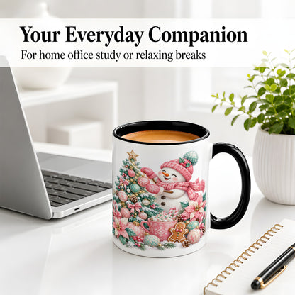 #pl[11oz|Black] Pink Snowman Christmas Accent Mug, Ceramic Cup with Winter Art
