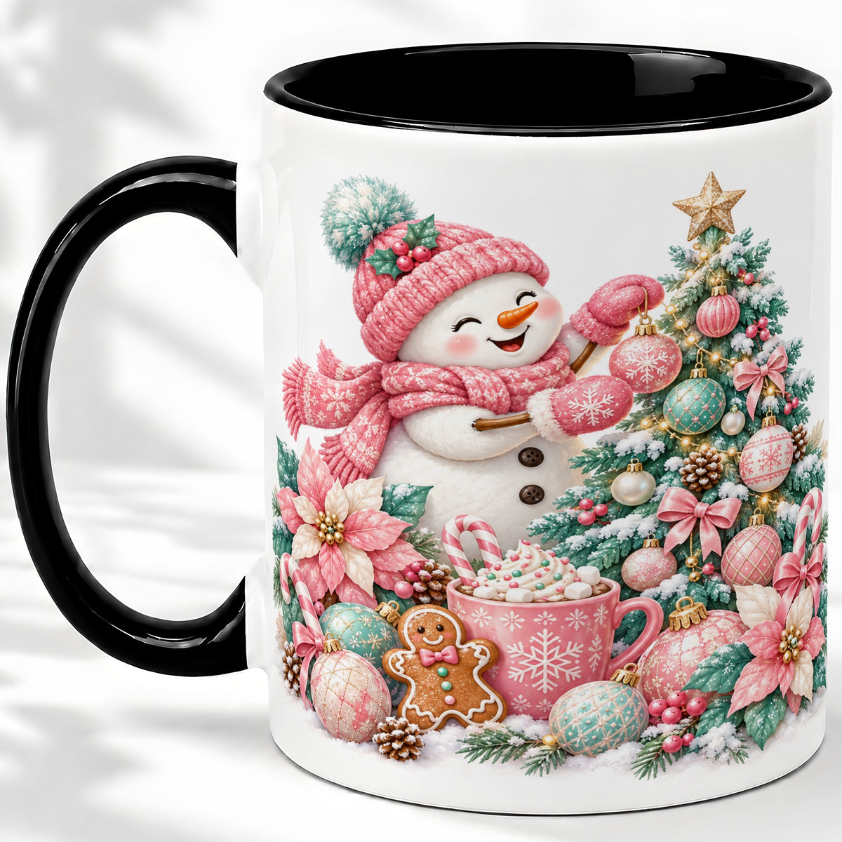 #pl[11oz|Black] Pink Snowman Christmas Accent Mug, Ceramic Cup with Winter Art