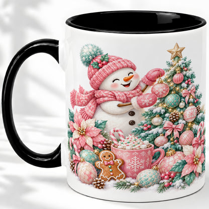 #pl[11oz|Black] Pink Snowman Christmas Accent Mug, Ceramic Cup with Winter Art