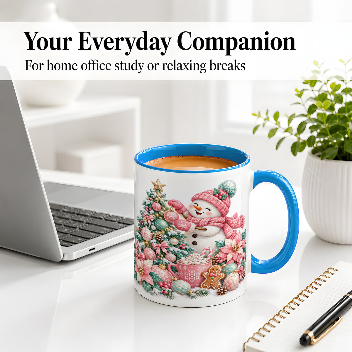 #pl[11oz|Blue] Pink Snowman Christmas Accent Mug, Ceramic Cup with Winter Art