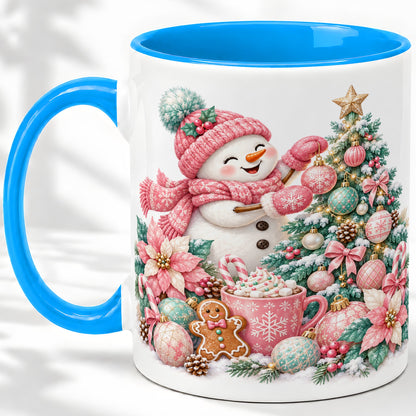 #pl[11oz|Blue] Pink Snowman Christmas Accent Mug, Ceramic Cup with Winter Art