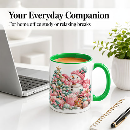 #pl[11oz|Green] Pink Snowman Christmas Accent Mug, Ceramic Cup with Winter Art