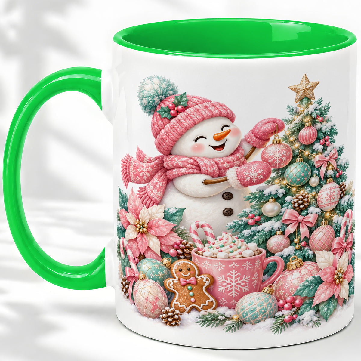 #pl[11oz|Green] Pink Snowman Christmas Accent Mug, Ceramic Cup with Winter Art