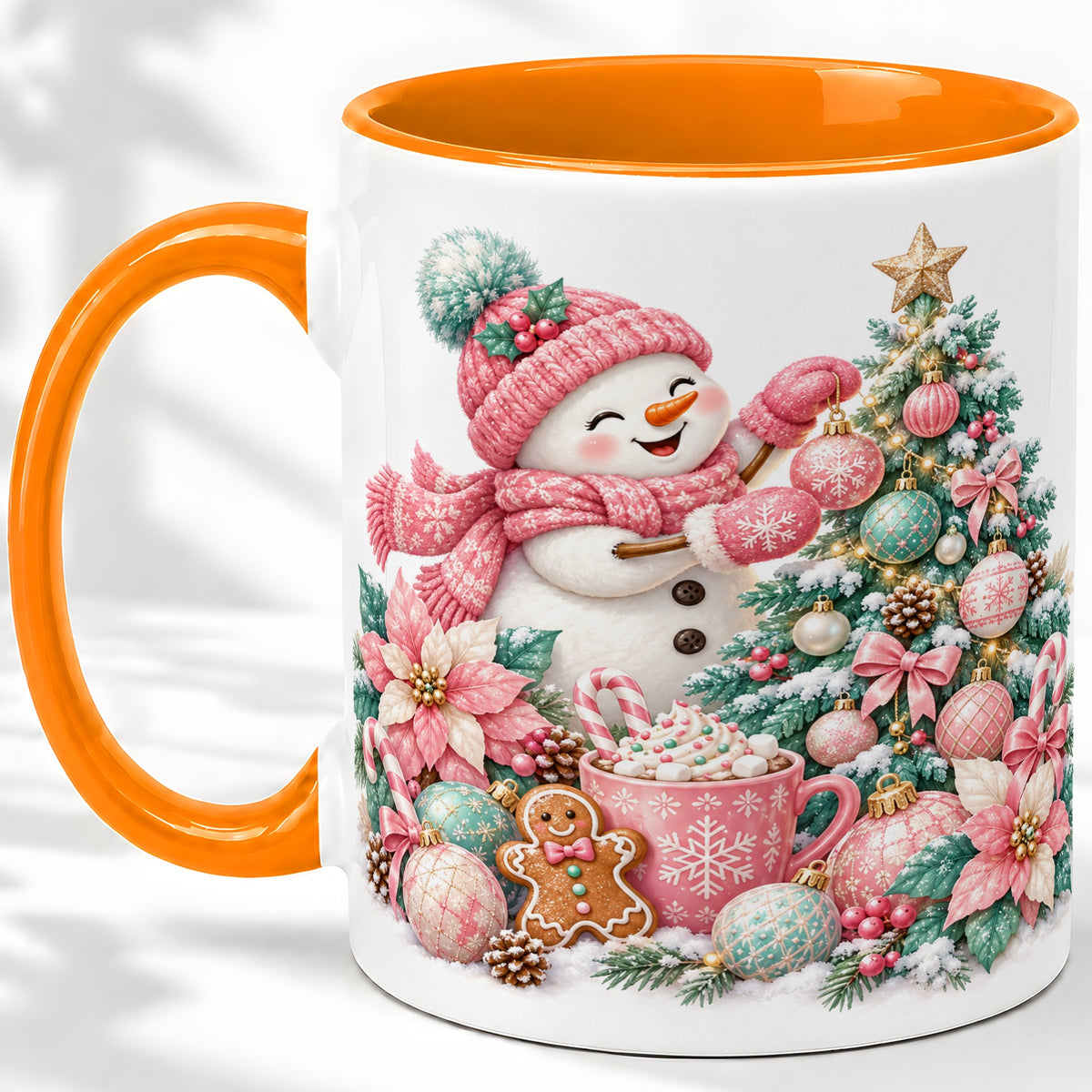 #pl[11oz|Orange] Pink Snowman Christmas Accent Mug, Ceramic Cup with Winter Art