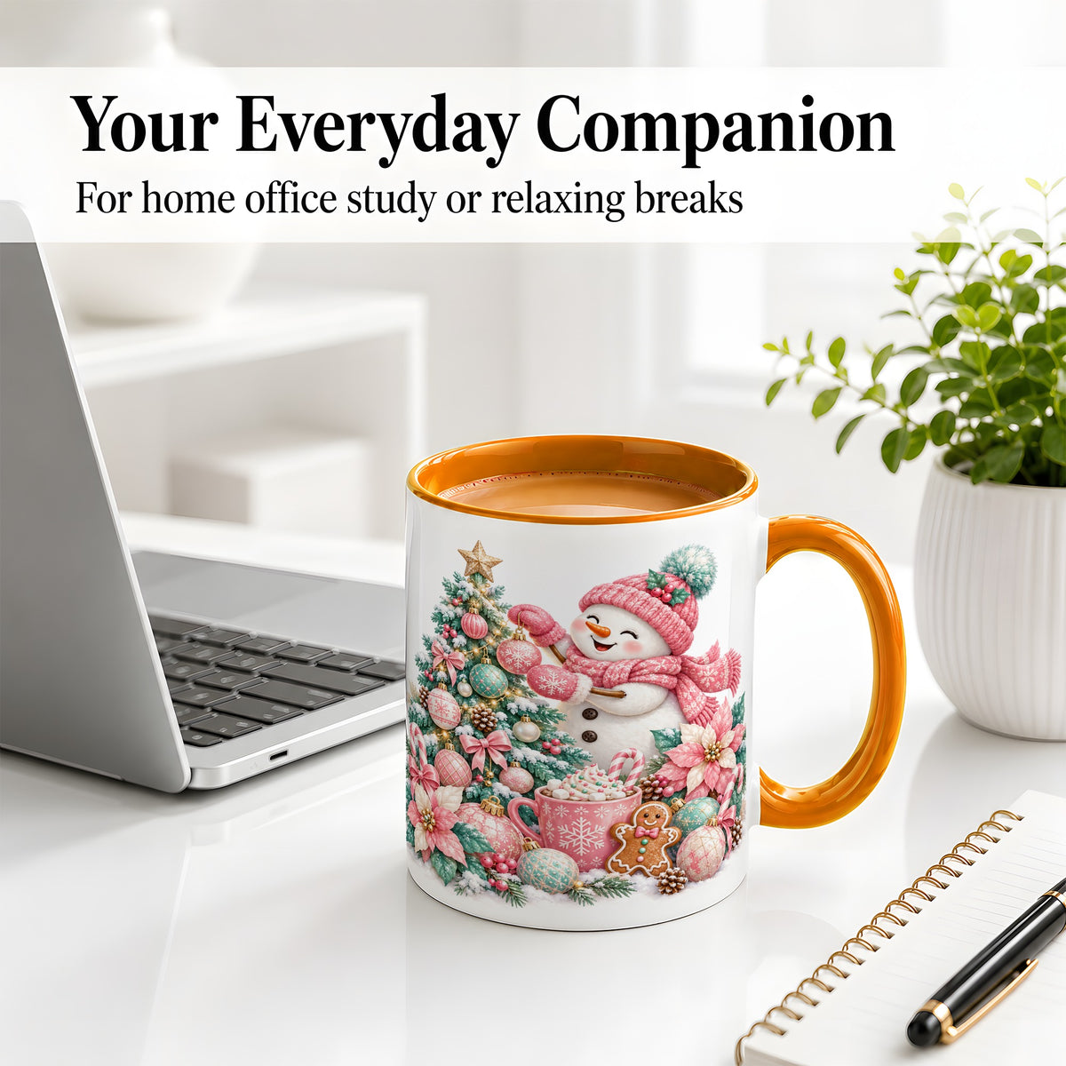 #pl[11oz|Orange] Pink Snowman Christmas Accent Mug, Ceramic Cup with Winter Art