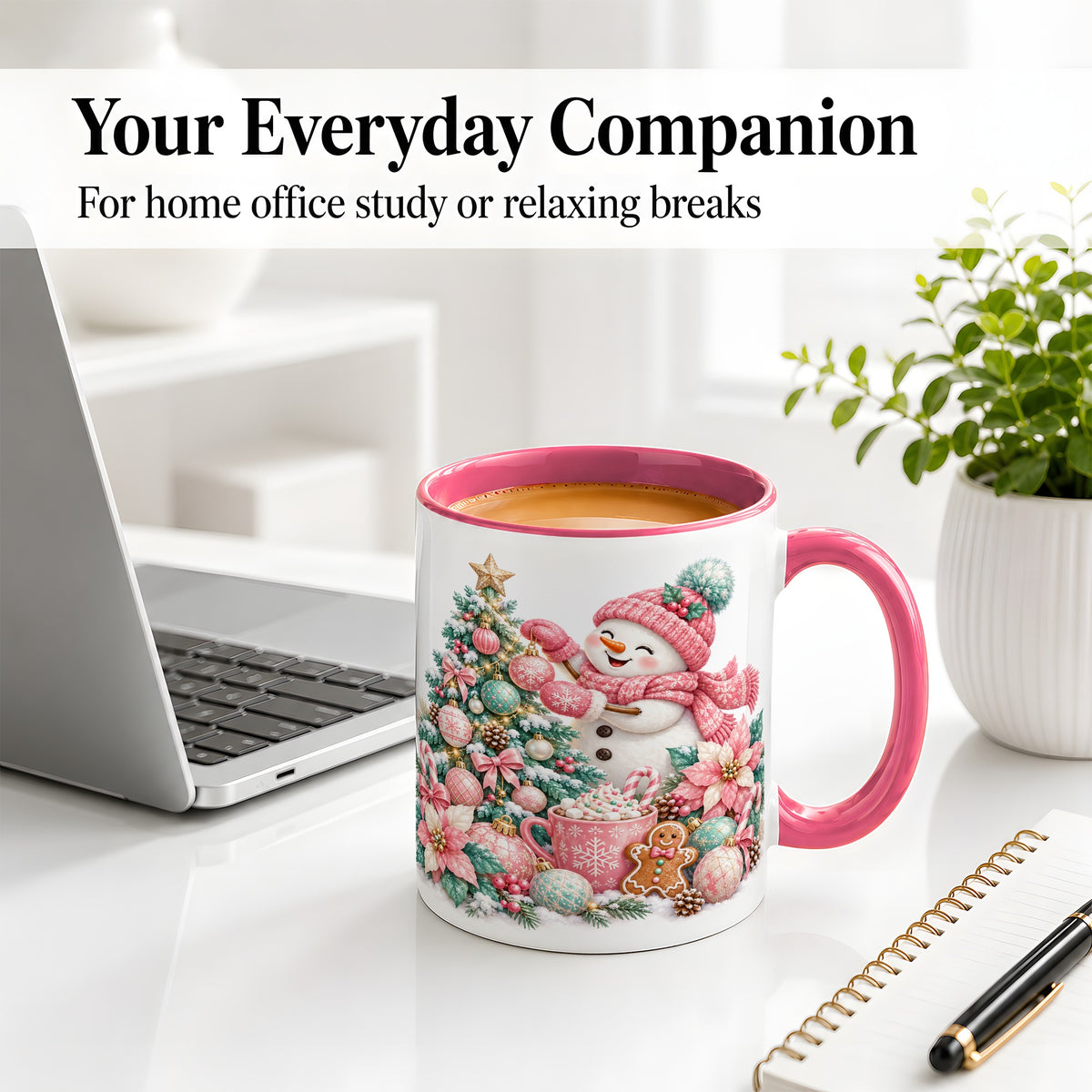 #pl[11oz|Pink] Pink Snowman Christmas Accent Mug, Ceramic Cup with Winter Art