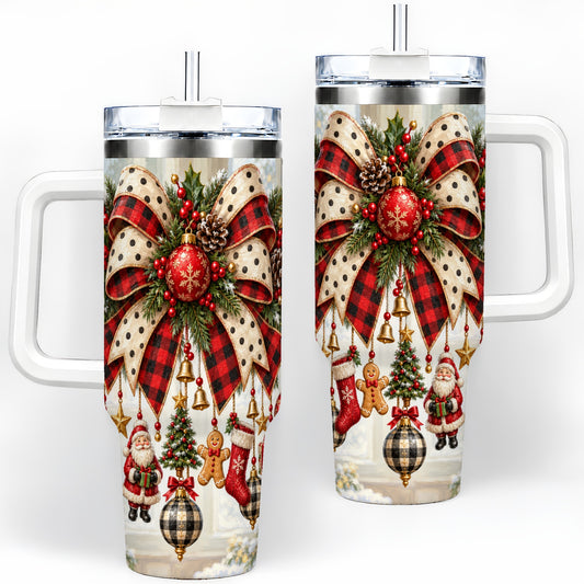 Plaid Christmas Bow Handled Tumbler, 40oz Holiday Ornament Design