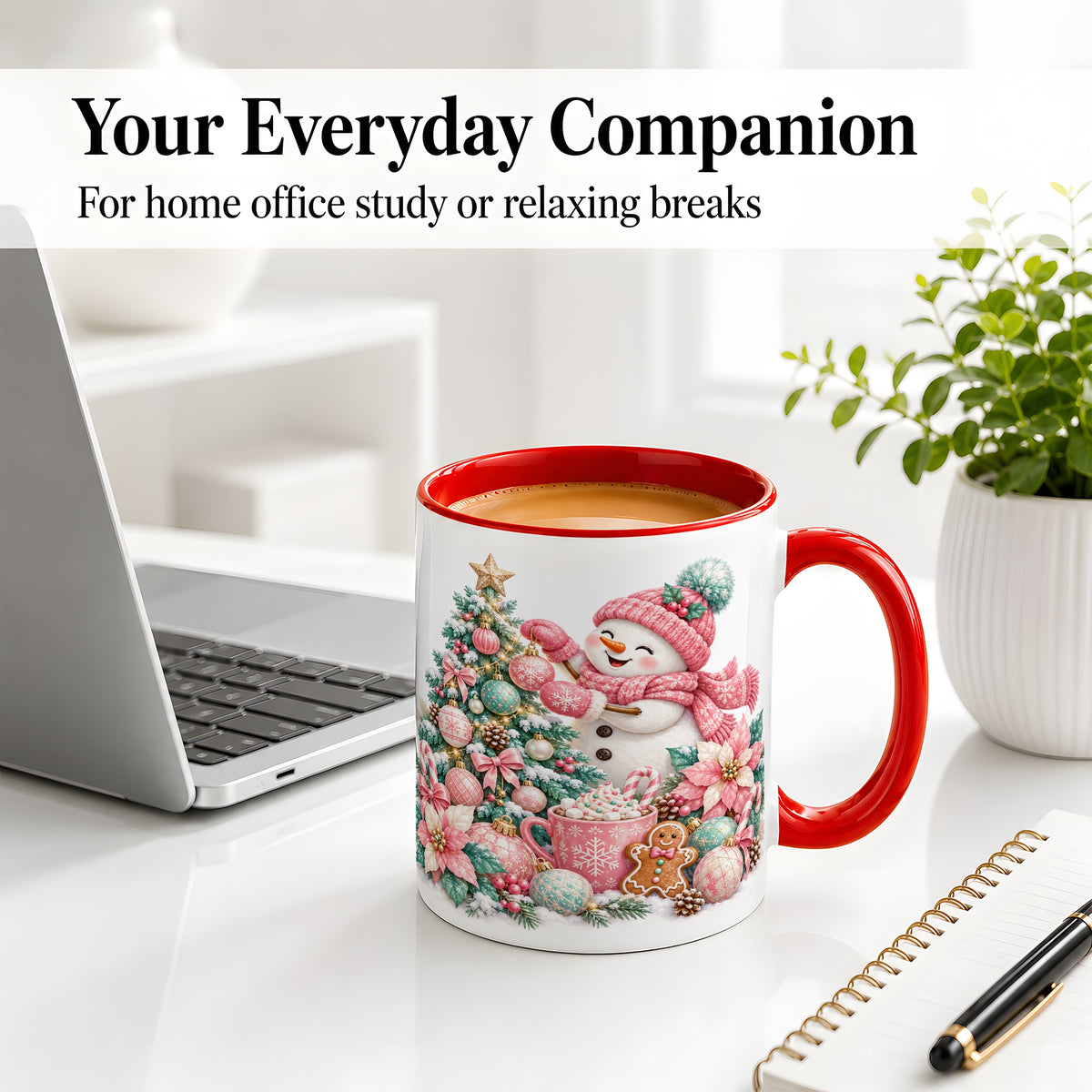 #pl[11oz|Red] Pink Snowman Christmas Accent Mug, Ceramic Cup with Winter Art