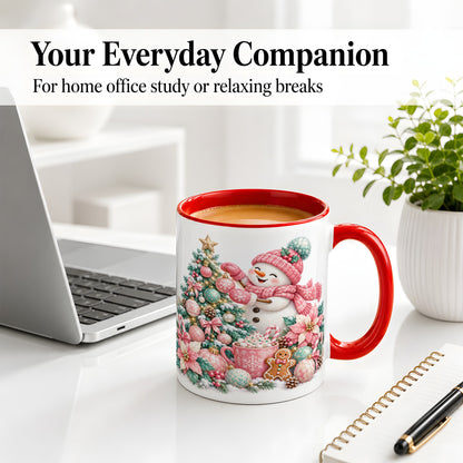 #pl[11oz|Red] Pink Snowman Christmas Accent Mug, Ceramic Cup with Winter Art