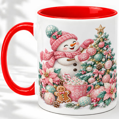 Pink Snowman Christmas Accent Mug, Ceramic Cup with Winter Art