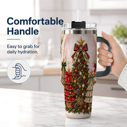 #pl[40oz|Black] Patterned Christmas Trees Handled Tumbler, 40oz Festive Drinkware
