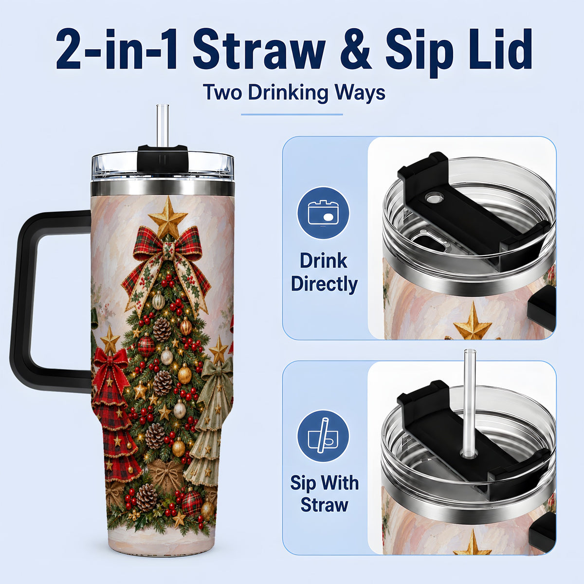 #pl[40oz|Black] Patterned Christmas Trees Handled Tumbler, 40oz Festive Drinkware
