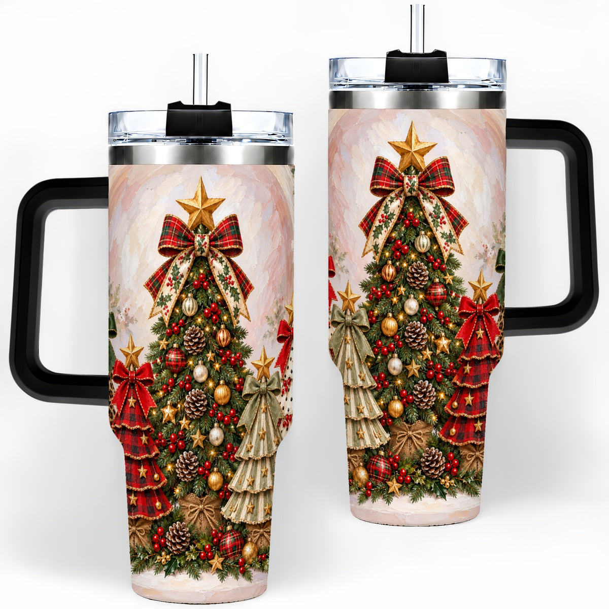 #pl[40oz|Black] Patterned Christmas Trees Handled Tumbler, 40oz Festive Drinkware