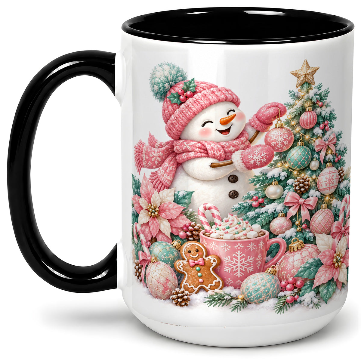 #pl[15oz|Black] Pink Snowman Christmas Accent Mug, Ceramic Cup with Winter Art