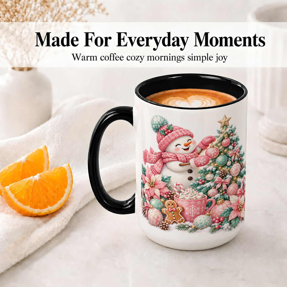 #pl[15oz|Black] Pink Snowman Christmas Accent Mug, Ceramic Cup with Winter Art