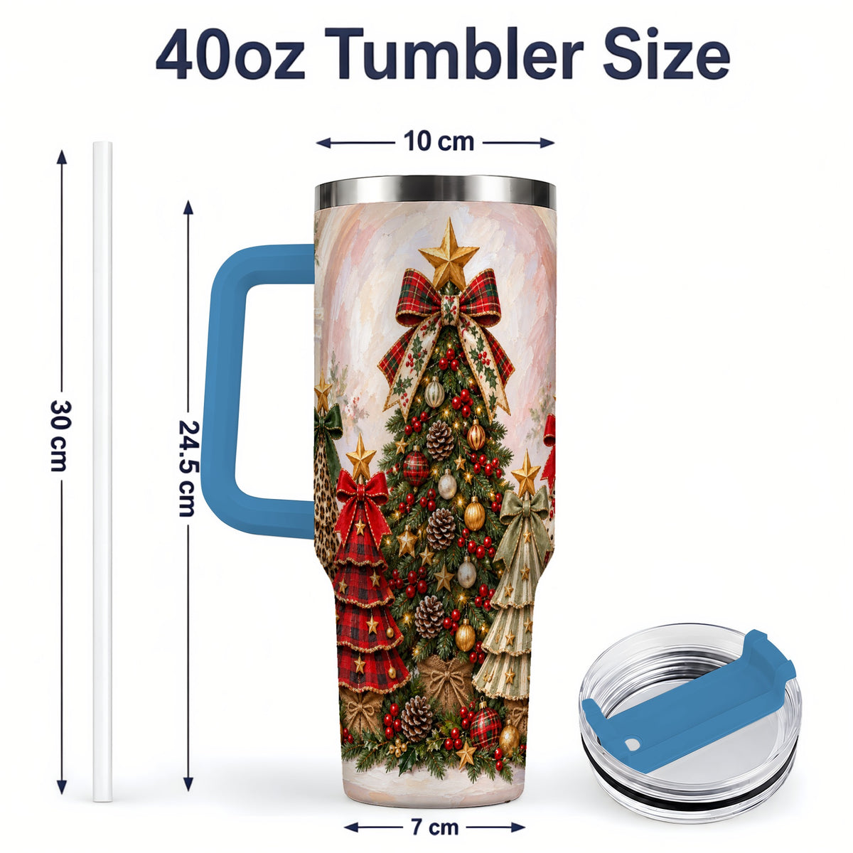 #pl[40oz|Blue] Patterned Christmas Trees Handled Tumbler, 40oz Festive Drinkware